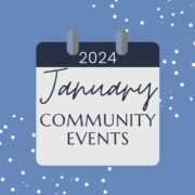 Blue background. Gray calendar icon. Text says "January Community Events."