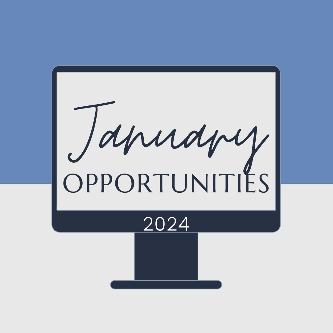 Half blue half gray background. Gray computer monitor icon. Text says, &quot;January 2024 Opportunities.&quot;