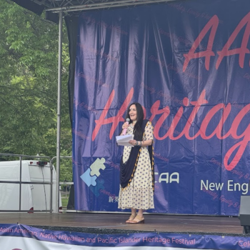 AAPIC Vice Chair Rakashi Chand Speaks in front of the crowd at AANHPI Celebration in Boston Common