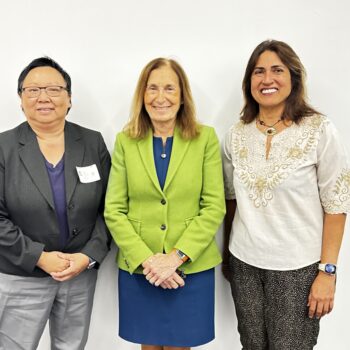 Commission Chair Tuyet Tran (left) and former Executive Director Yasmin Padamsee Forbes (right) pose for a photo with MA State Treasurer and Receiver General Deborah Goldberg (center) after DEIA discussion.