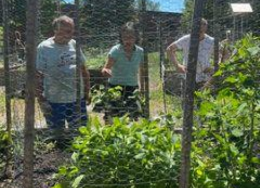Community members admire a garden while chatting about wellness