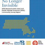 No Longer Invisible Report Cover Photo with a grid of dots, background is blue and foreground has shape of Massachusetts highlighted in yellow